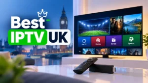 Best IPTV UK, Smart TV showing an IPTV app with Live TV, Movies, Series and Sports, with a Firestick remote and the London skyline