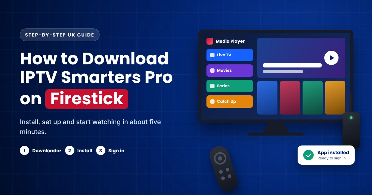 IPTV Smarters Pro media player on a TV with a Firestick and remote