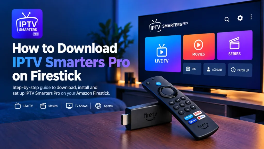How to download IPTV Smarters Pro on Firestick, app home screen on a TV with a Fire TV Stick and remote