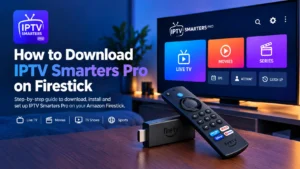 How to download IPTV Smarters Pro on Firestick, app home screen on a TV with a Fire TV Stick and remote