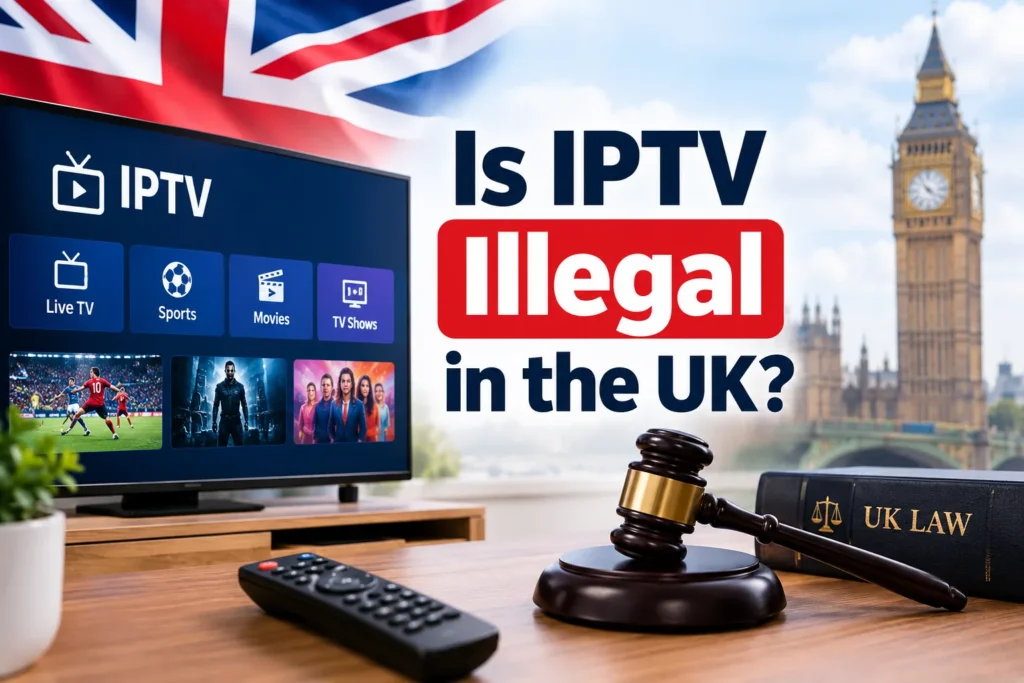 Is IPTV illegal in the UK? TV showing IPTV menu beside a judge's gavel and UK law book